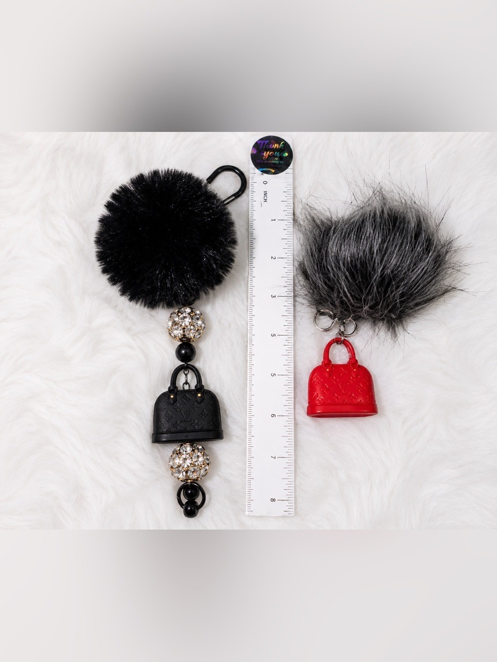 Luxury Inspired Faux Fur Pom Pom Bag Charm Keychain Purse Charm Black Red